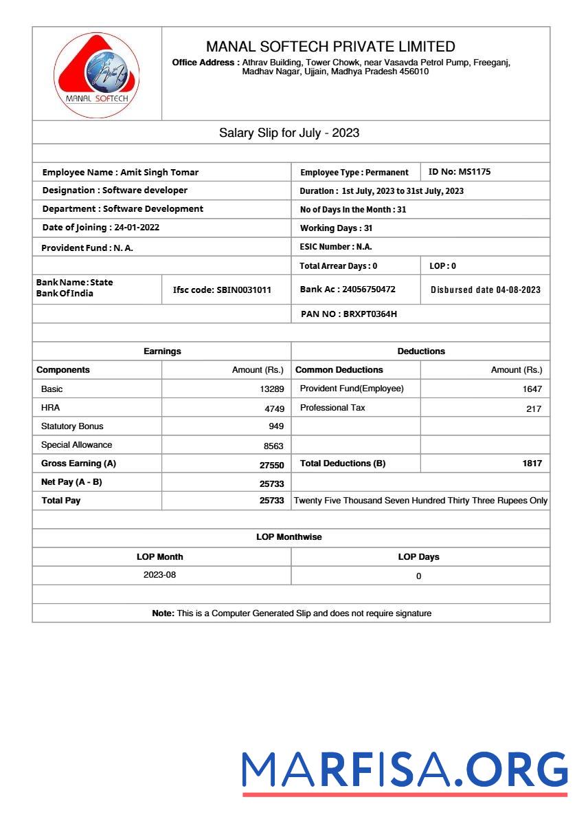Blank Manal Softech salary slip sample